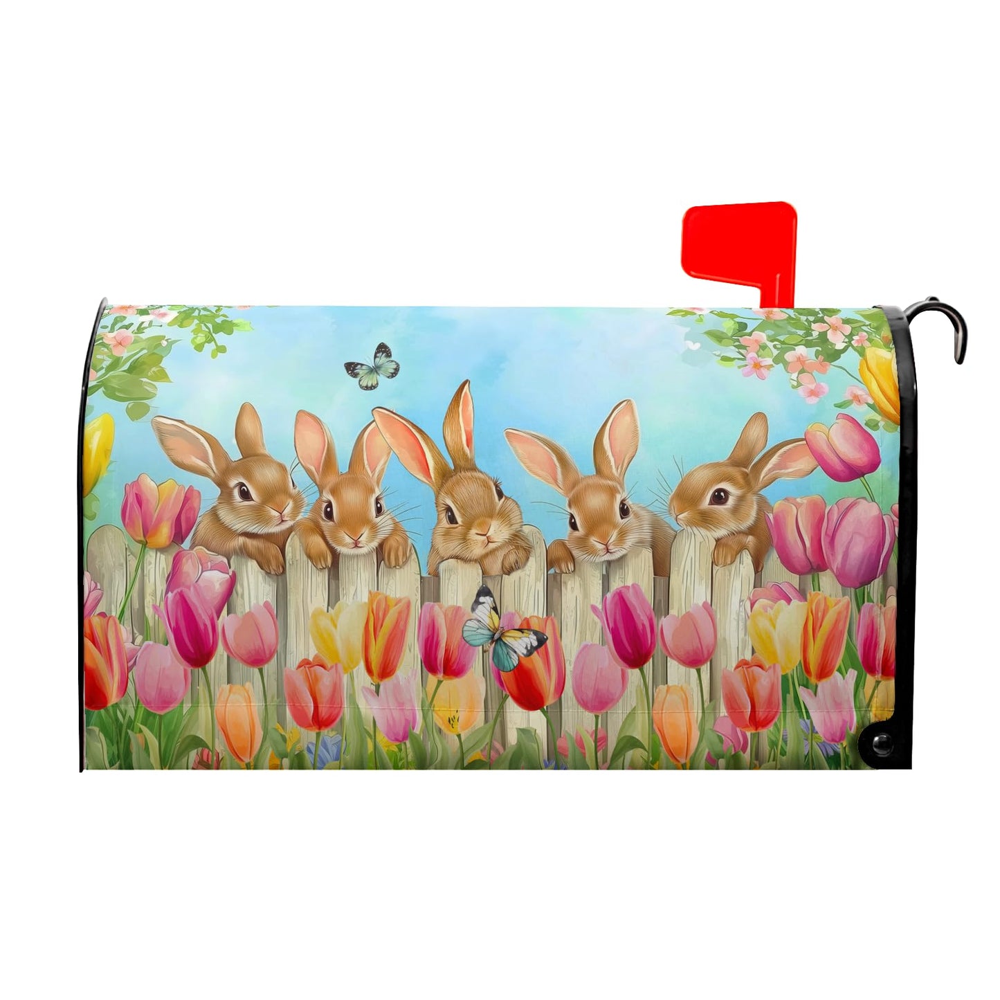 Sweetshow Easter Bunny Mailbox Covers Magnetic Standard Size 18" X 21",Spring Summer Butterfly Tulip Flowers Mailbox Wraps Post Letter Box Cover for Outside Garden Yard Decor