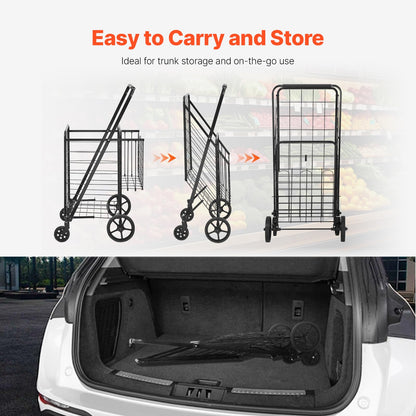 VEVOR Shopping Cart, 110 lbs Large Load Capacity, Folding Grocery Shopping Cart with 360° Swivel Wheels, Double Baskets, Locking Latch, Heavy Duty, Easy Installation, for Laundry, Luggage Camping