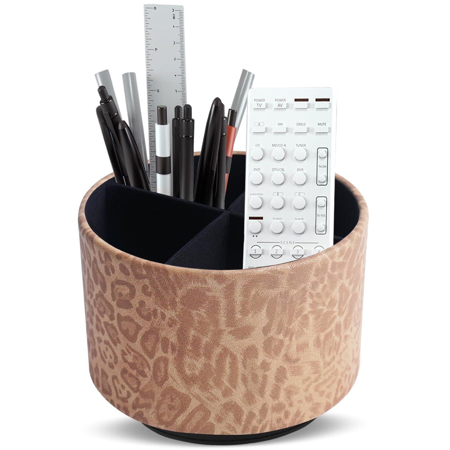 QIELIZI Round Leather Art Supply Organizer,Remote Control Holder,360 Degree Rotating,Multi-Functional Pencil Holder,4 Compartments Desktop Stationary Organizer(1-Leopard Brown)