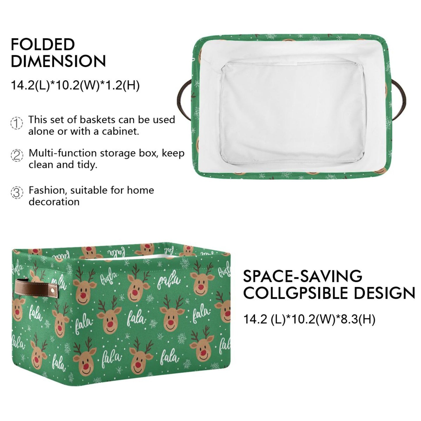 Green Christmas Reindeer Storage Basket with Waterproof Liner and PU Handles Winter Snowflake Xmas Storage Bins Boxes 14.2" Collapsible Decorative Organizer Baskets for Bedroom Closet Office 1 Pack