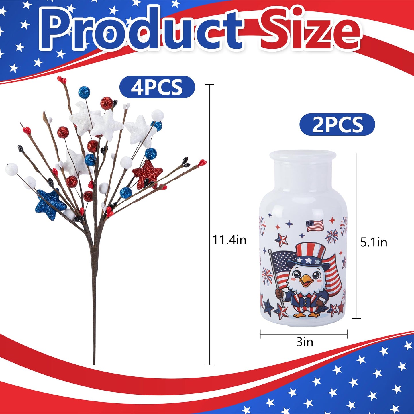 Watayo 2 Set Patriotic Artificial Flower Stems with Glass Vase, 4th of July Artificial Berry Stem Picks, Faux Red White Blue Branches Table Centerpiece for Independence Memorial Day Home Decor