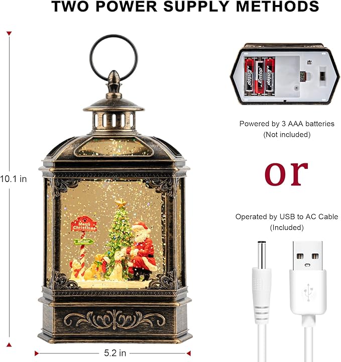 Christmas Snow Globe Lantern Water Glittering Santa Claus & Pups with Music & Timer, USB Lined/Battery Operated Lighted Lantern for Christmas Festival Decoration Gifts