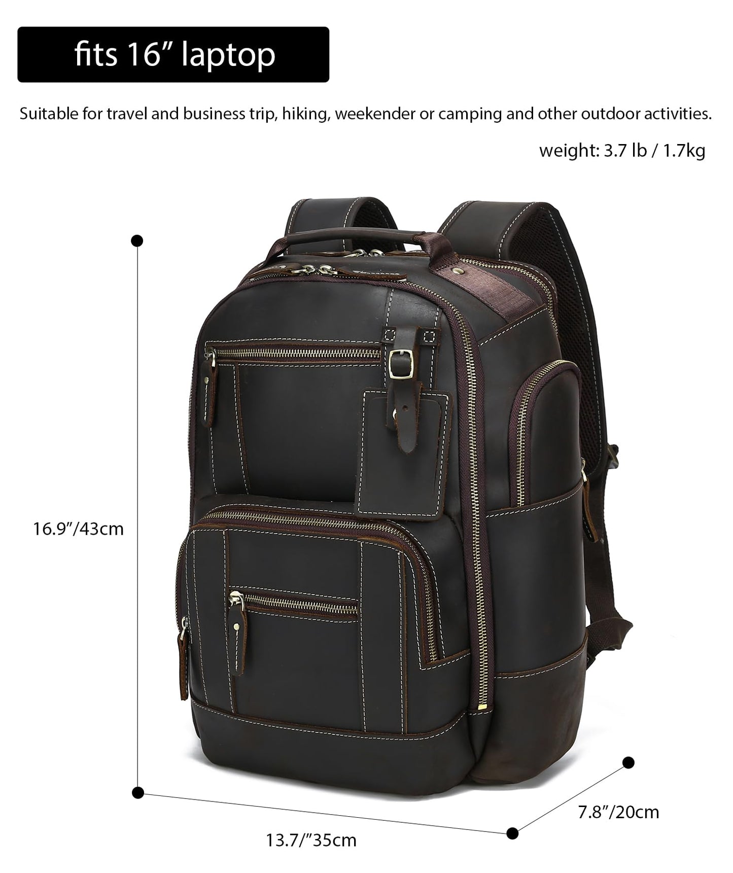 LANNSYNE Vintage Genuine Leather Backpack for men, 15.6" Laptop Backpack Travel Camping 24L Rucksack