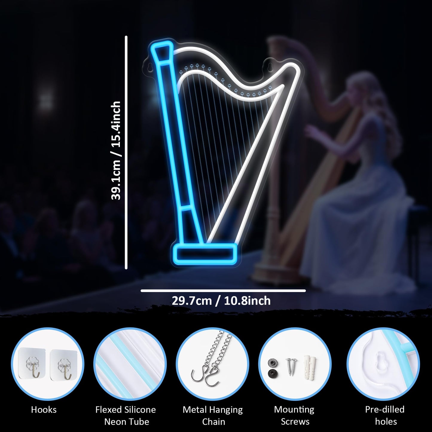 CoolGift Mart Harp Neon Sign, Dimmable LED Harp Room Decor Light With USB Powered, Decorations for Bedroom Living Room Club Music Studio, Gifts for Harp Enthusiasts Music Lovers