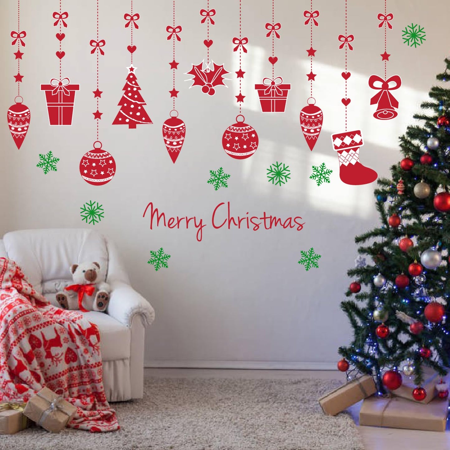 Christmas Wall Decals for Bedroom Hanging Christmas Tree Snowflake Gift Wall Stickers for Living Room Window Decor Removable Art Mural for Kids Baby Gift Nursery Door Decor Supplies (Style)