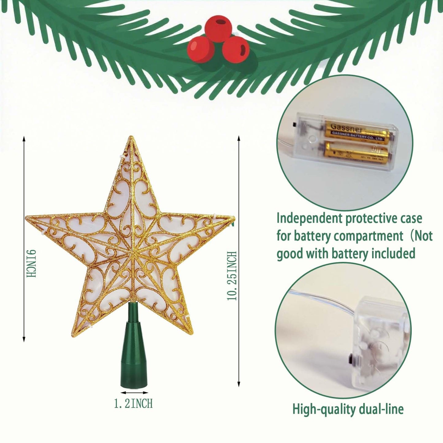 Christmas Star Tree Topper, Gold Glittered 3D Star Tree Topper, with Warm White LED Lights String Lights for Indoor Office Christmas New Year Holiday Tree Decoration