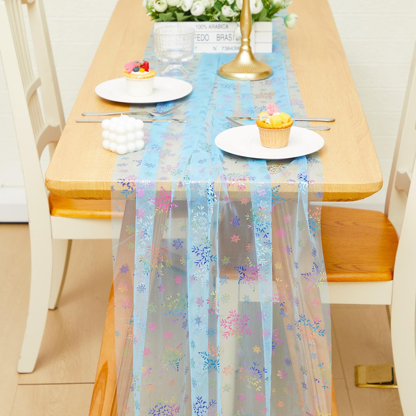 Windkream 2 Pack Blue Snowflake Table Runner 29x120 Inch Princess Theme Birthday Party Decorations Lace Tulle Table Decor Home Dining Room Kitchen Holiday Wedding Anniversary Veil Decor