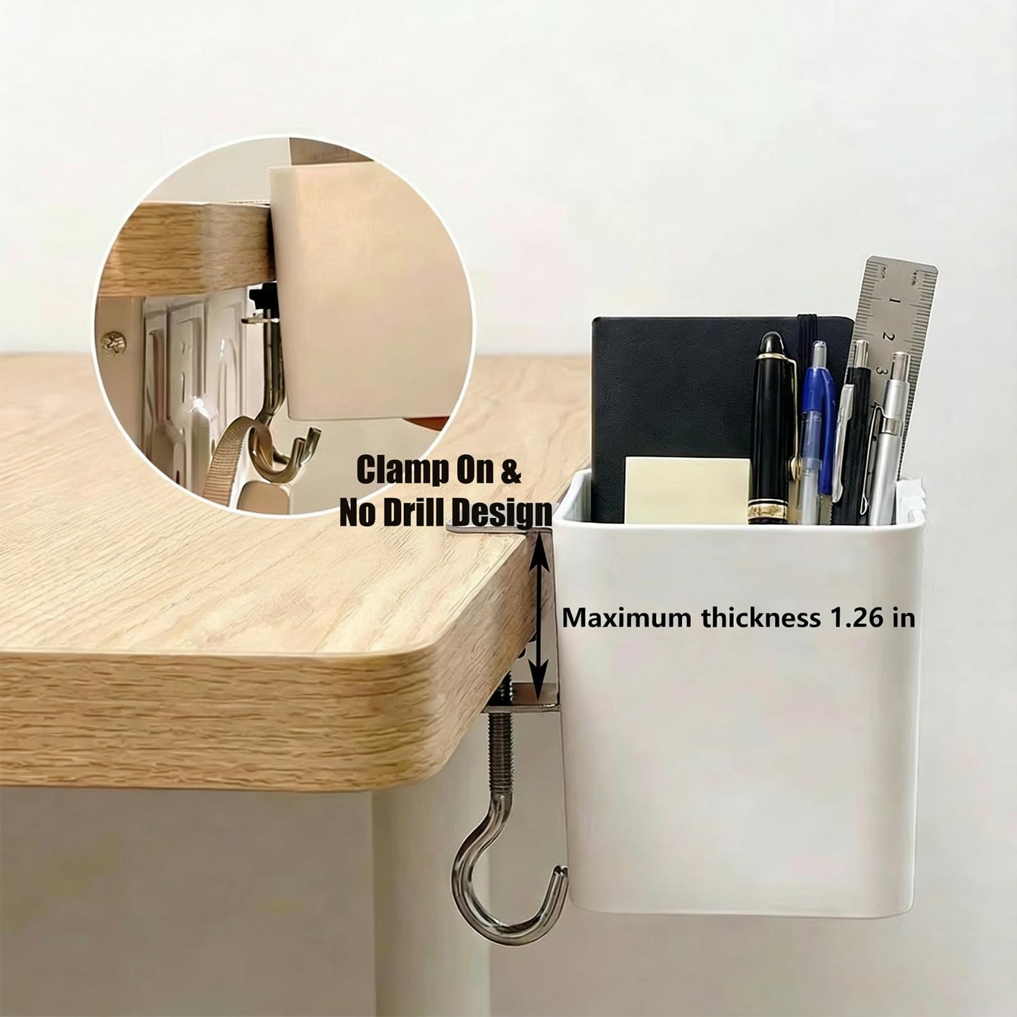 LIPCHEEGO Desk Side Storage, Side Desk Organizer, No Drill Hanging Desk Organizer with 4 Large Pockets, Table Hanging Storage for Office & Home, Fits Flat Table Edge 1.26" (White)