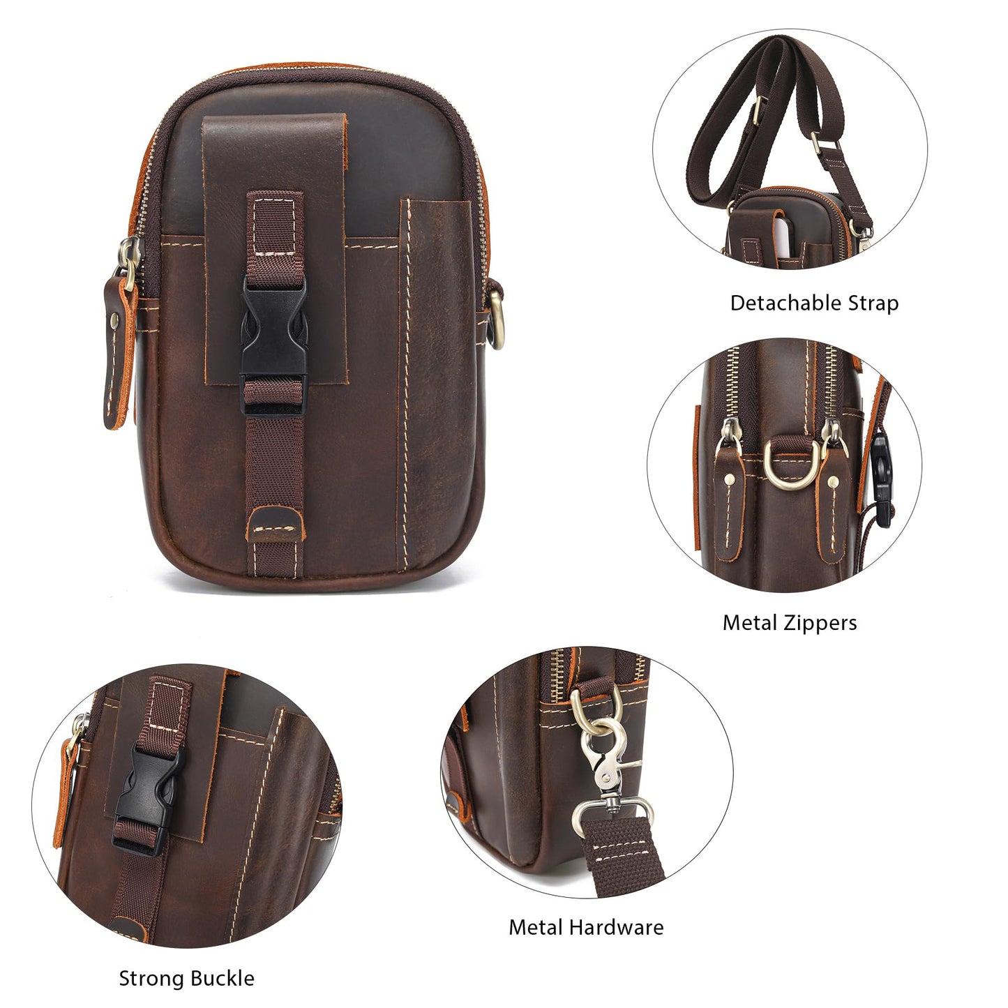 LANNSYNE Small Full Grain Leather Messenger Bag for Men, 3-in-1 Crossbody Shoulder Bag & Waist Belt Pouch, Sling Purse for Travel Business, Vintage Cell Phone Holster
