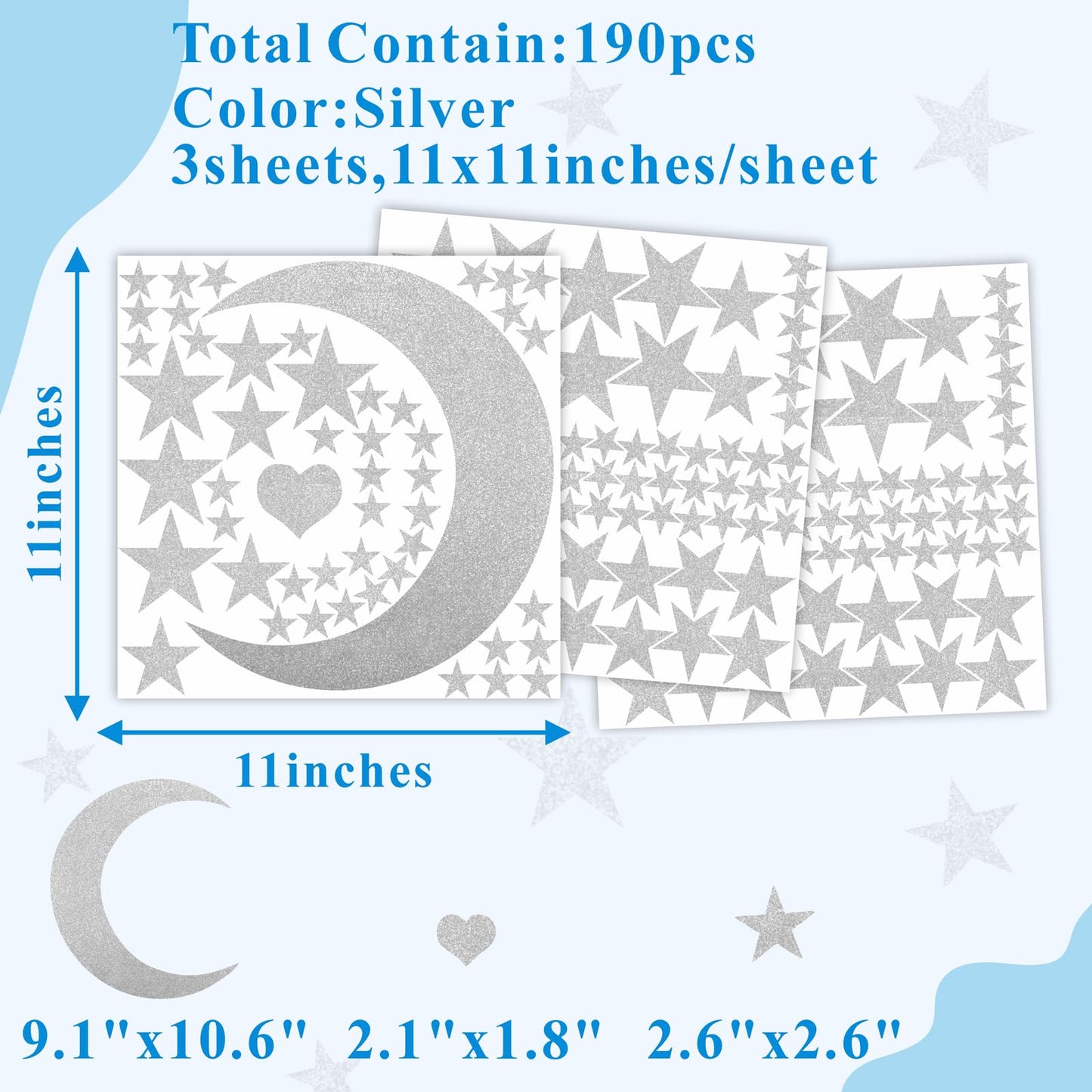 Easma Star Wall Decals (191stars+1moon+1heart) 3 Size Silver Stars and Moon Decals Removable Peel and Stick Stickers Fits Kids Room Decor