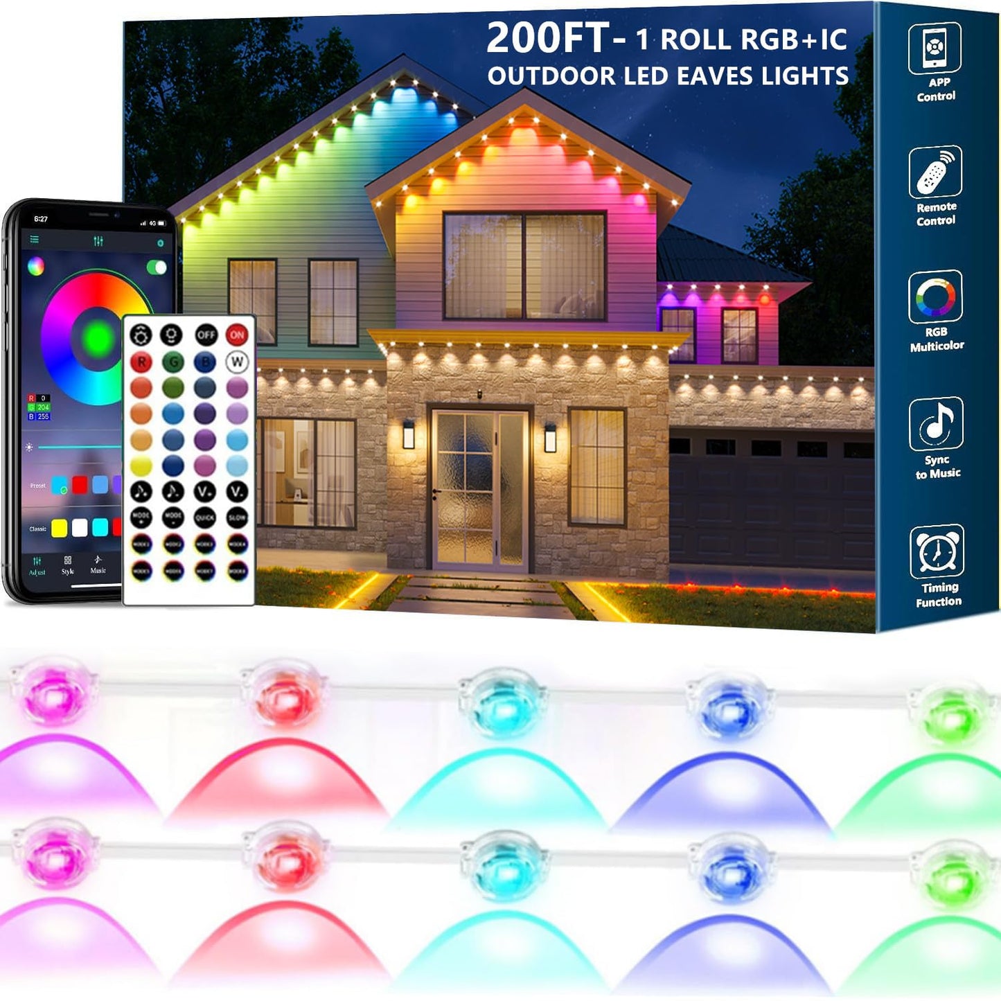 Permanent Outdoor Lights,200ft RGB + IC Smart LED Eaves Lights with App & Remote Control, IP67 Waterproof,for Christmas and All Holiday Decor,Daily and Accent Lighting,House Roof and Garden Lighting