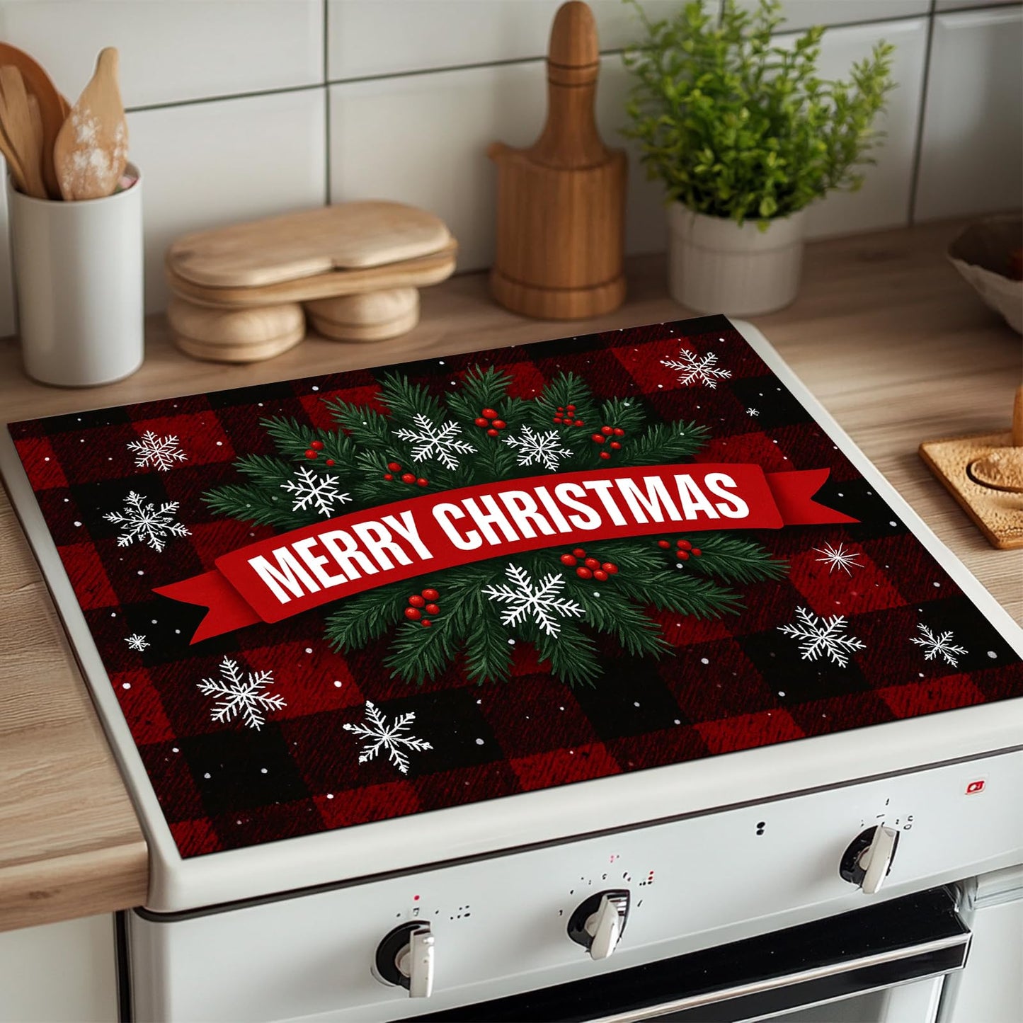 HOMETITUTE Glass Top Stove Cover Christmas Cooktop Protector 28x20 Inch Heat Resistant Silicone Stovetop Mat Holiday Kitchen Counter Cover Buffalo Plaid Snowflake Design