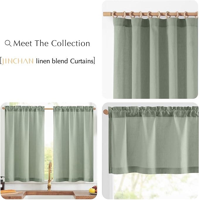 jinchan Linen Textured Tier Curtains 24 Inch for Kitchen Windows Farmhouse Cafe Curtains Small Drapes Rustic Light Filtering Half Window for Living Room Laundry Rod Pocket 2 Panels Green