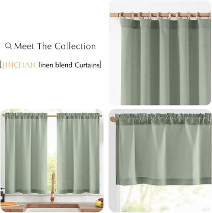 jinchan Linen Textured Tier Curtains 24 Inch for Kitchen Windows Farmhouse Cafe Curtains Small Drapes Rustic Light Filtering Half Window for Living Room Laundry Rod Pocket 2 Panels Green