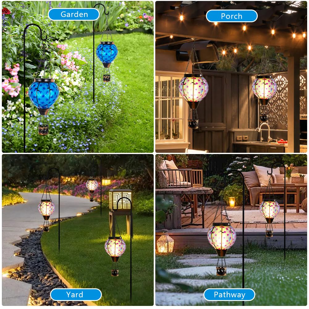 Solar Hot Air Balloon Lantern with Flame,Glass Solar Hanging Lights Outdoor Waterproof,Hot Air Balloon Solar Blue Star Lamp Decorative for Lawn Porch Tree Yard
