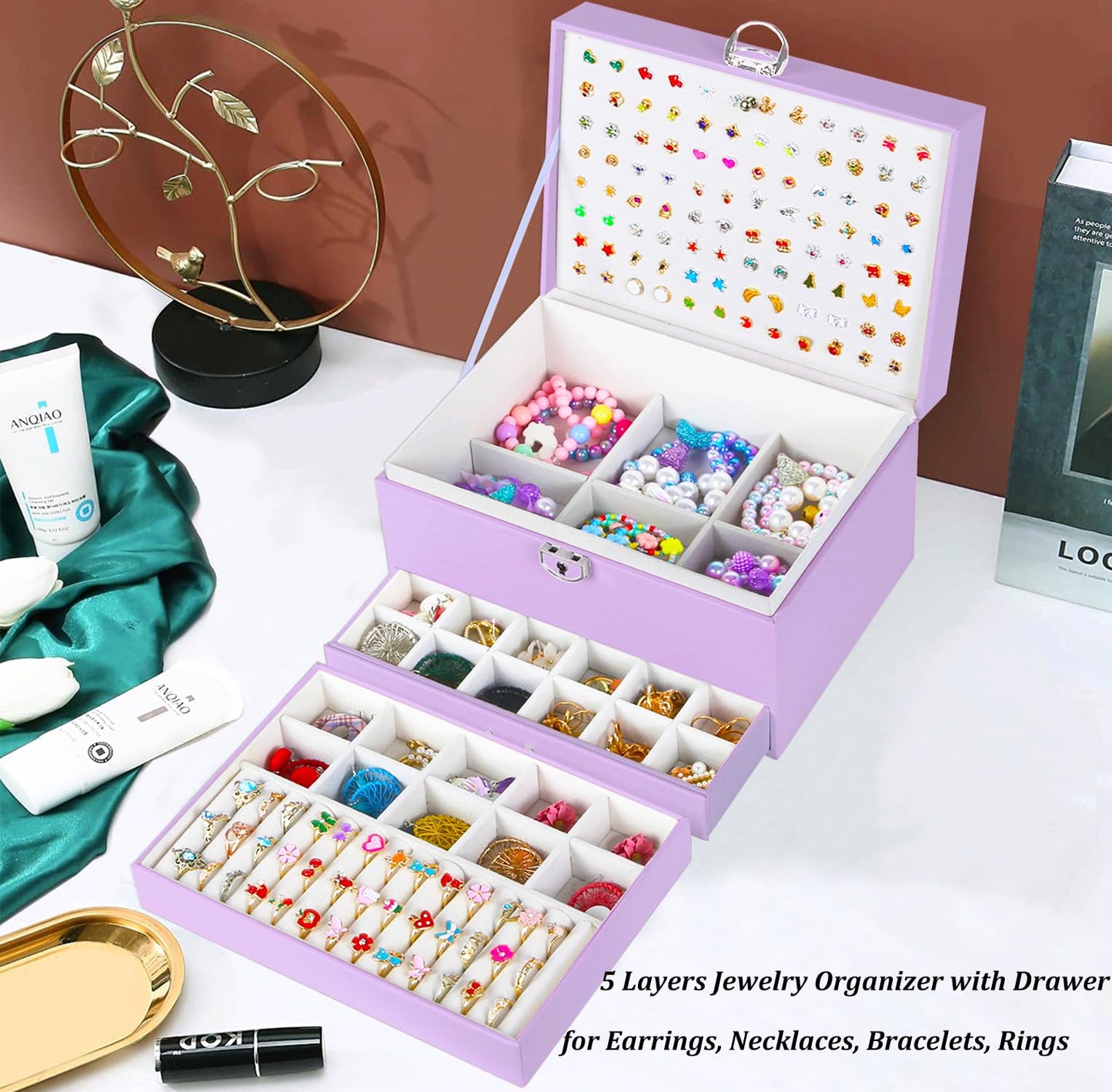 QBestry Earrings Jewelry Box for Girls, 5 Layers Jewelry Organizer with Earring Holder Organizer for Girls Earring Organizer Jewelry Boxes for Women Earrings and Necklaces Jewelry Box Organizer Violet