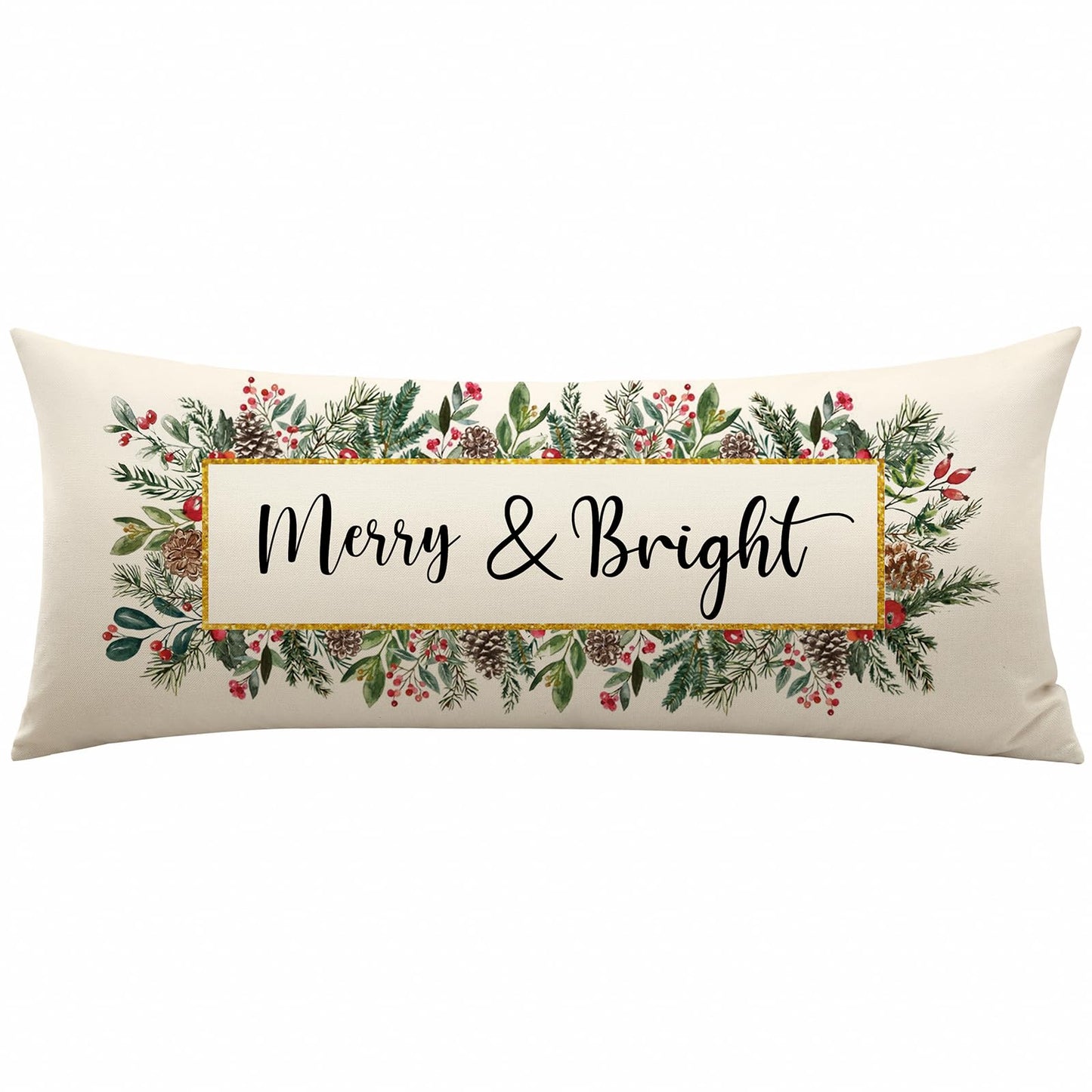 OTOSTAR Merry Bright Christmas Decor Pillow Cover 14x36 Inch Extra Long Lumbar Decorative Throw Pillow Case Eucalyptus Mistletoe Winter Holiday Cushion Cover for Couch Bed Sofa Decor (Merry & Bright)