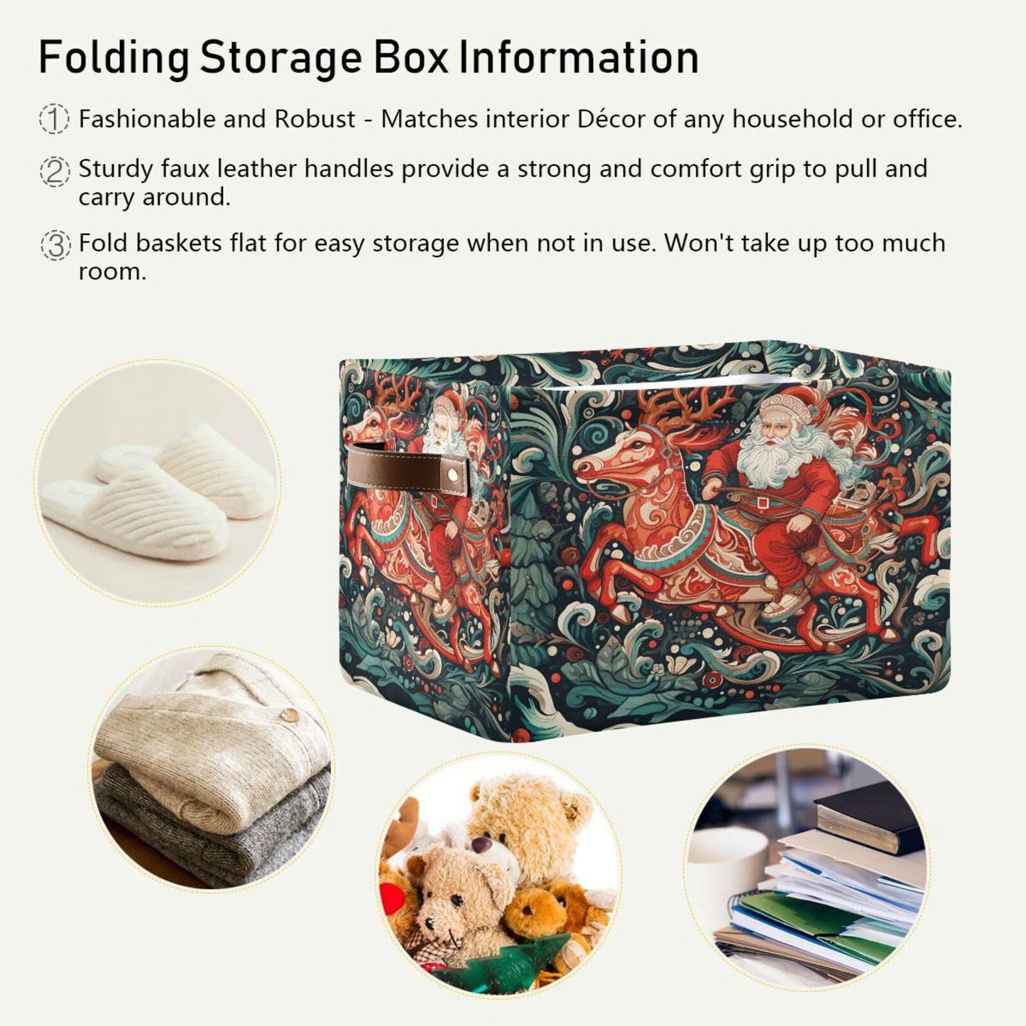 Christmas Storage Basket, Christmas Santa Elk Wave Foldable Fabric Collapsible Storage Bins Organizer Bag for Storage Clothes