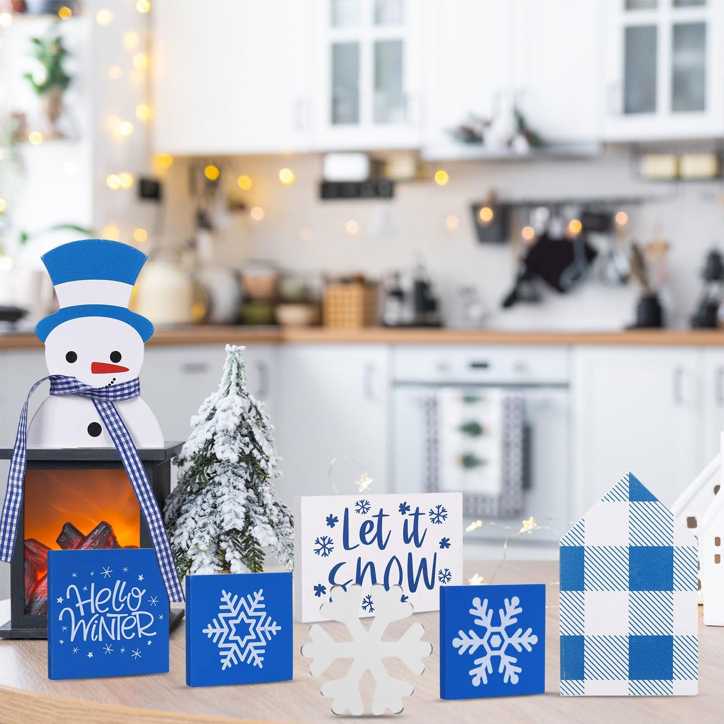 Sawysine 8 Pieces Winter Tiered Tray Decor, Let It Snow Sign Decor Farmhouse Snowflake Wooden Signs for Holiday Shelf Kitchen Coffee Bar(Dark Blue, White)