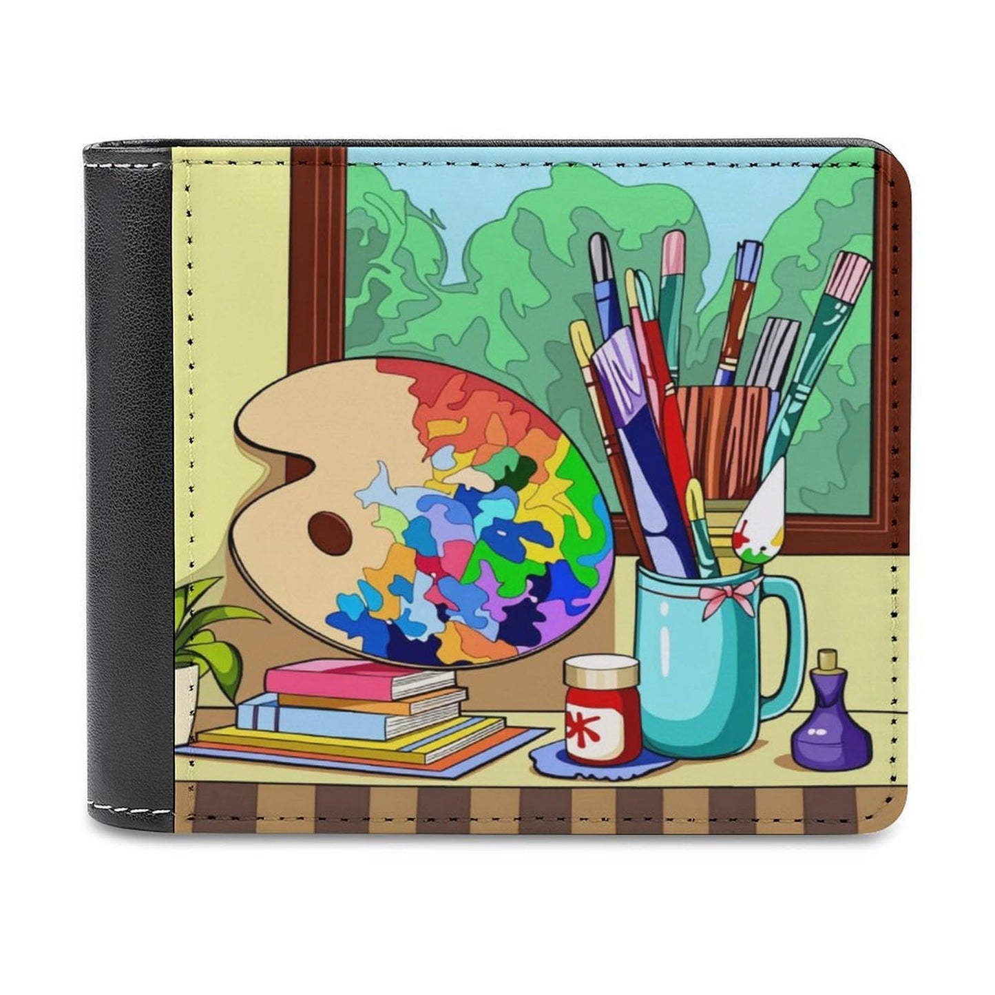 AGJFHNGBI Palette Paintbrushes Leather Wallet for Men Women, Slim Bifold Card Holder Wallet with 8 Card Slots, Minimalist Pocket Wallet for Travel Shopping