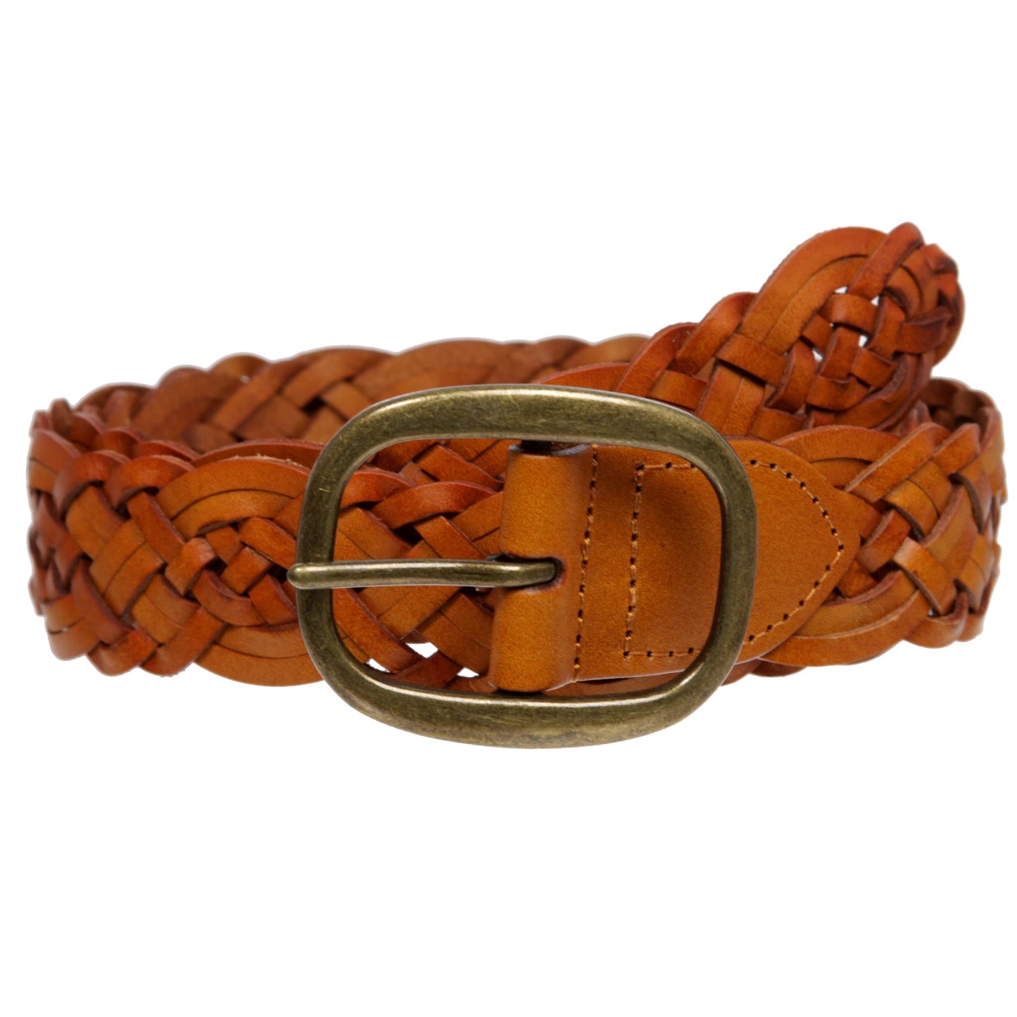 Beltiscool 1 1/2" (37 mm) Women's Oval Braided Woven Leather Belt, Light Tan | M/L - 36"