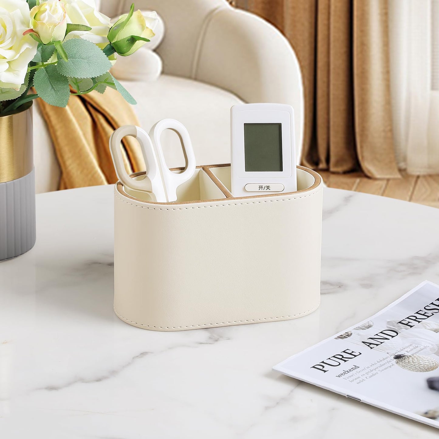 MEIBOOCH PU Leather Pen Holder for Desk, Small Remote Control Holder Pencil Cup Multifunctional Desktop Organizer Caddy for Home School Office Desk Accessories - 2 Compartments (Beige)