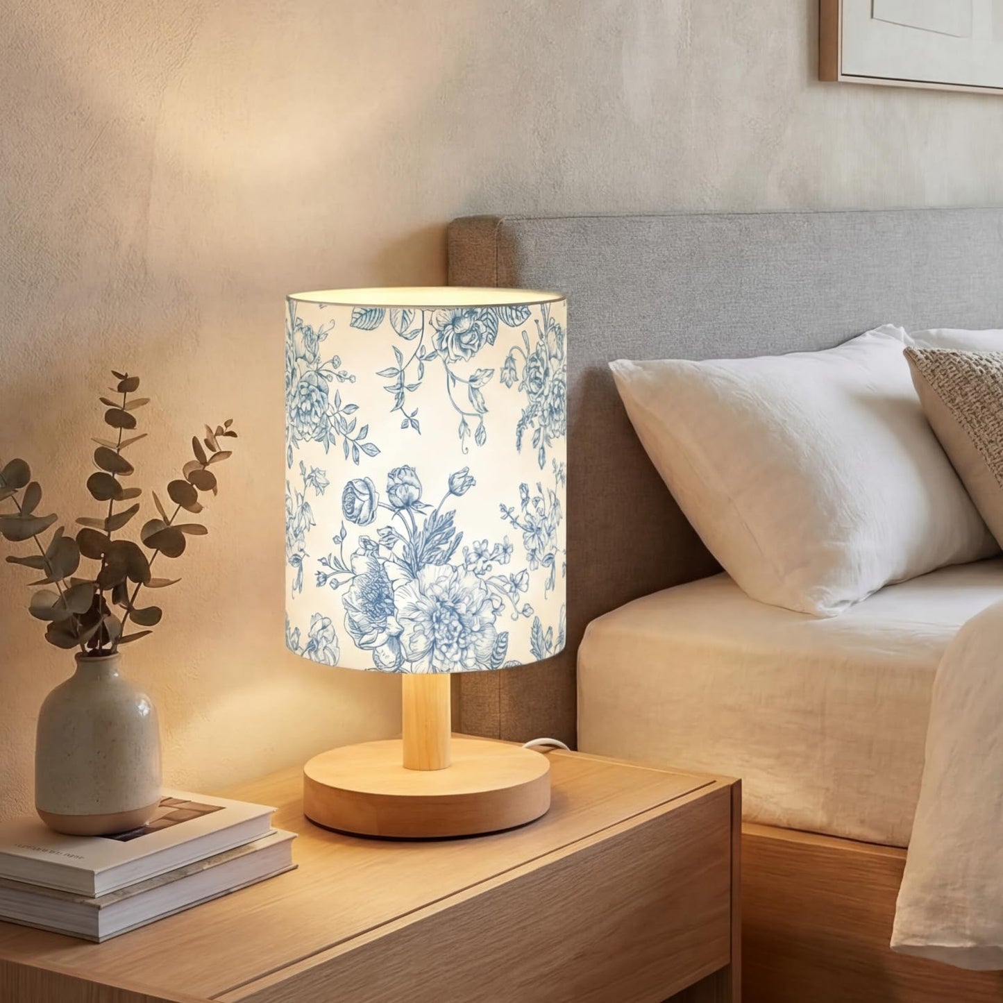 VIHOSE Blue Floral Kids Table Lamp for Bedroom Kids Bedside Lamp with Linen Wooden Nightstand Cartoon Nursery Lampshade for Girls Boys Living Room