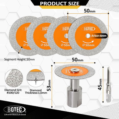 BGTEC Diamond Mini Glass Cutting Saw Blade - 5PCS 2" (50MM) Tile Cutting Discs with 5/8"-11 Thread Flange for Glass Jade Crystal Wine Bottle Tile