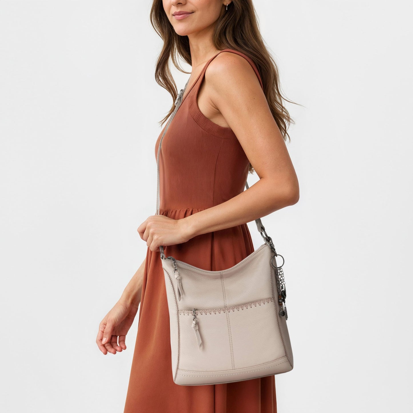 The Sak Lucia Crossbody in Leather, Adjustable Crossbody Strap, Sand Stitch