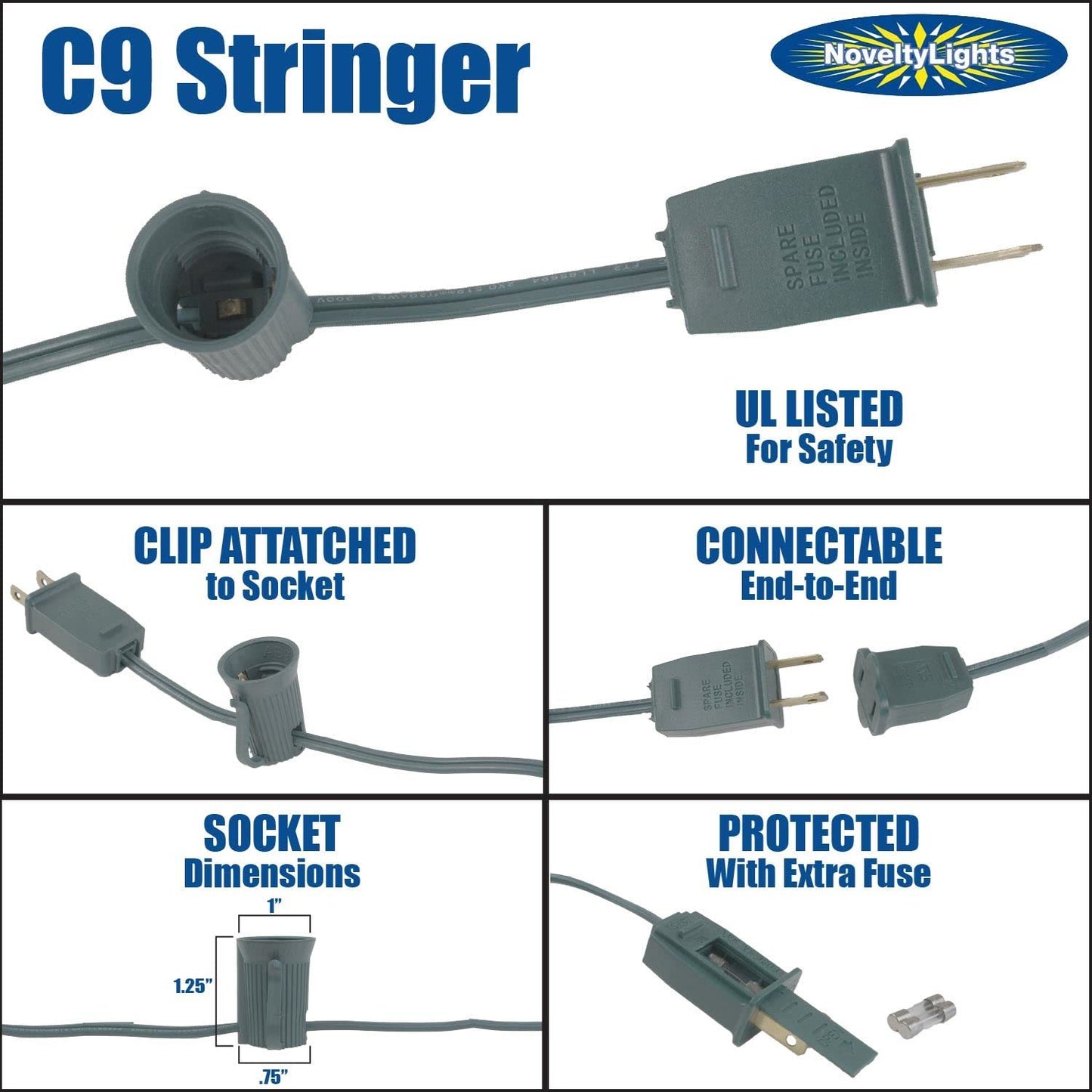 C9 Blue Outdoor Christmas Light Set - 25ft Hanging Roofline String Lights - Green Wire