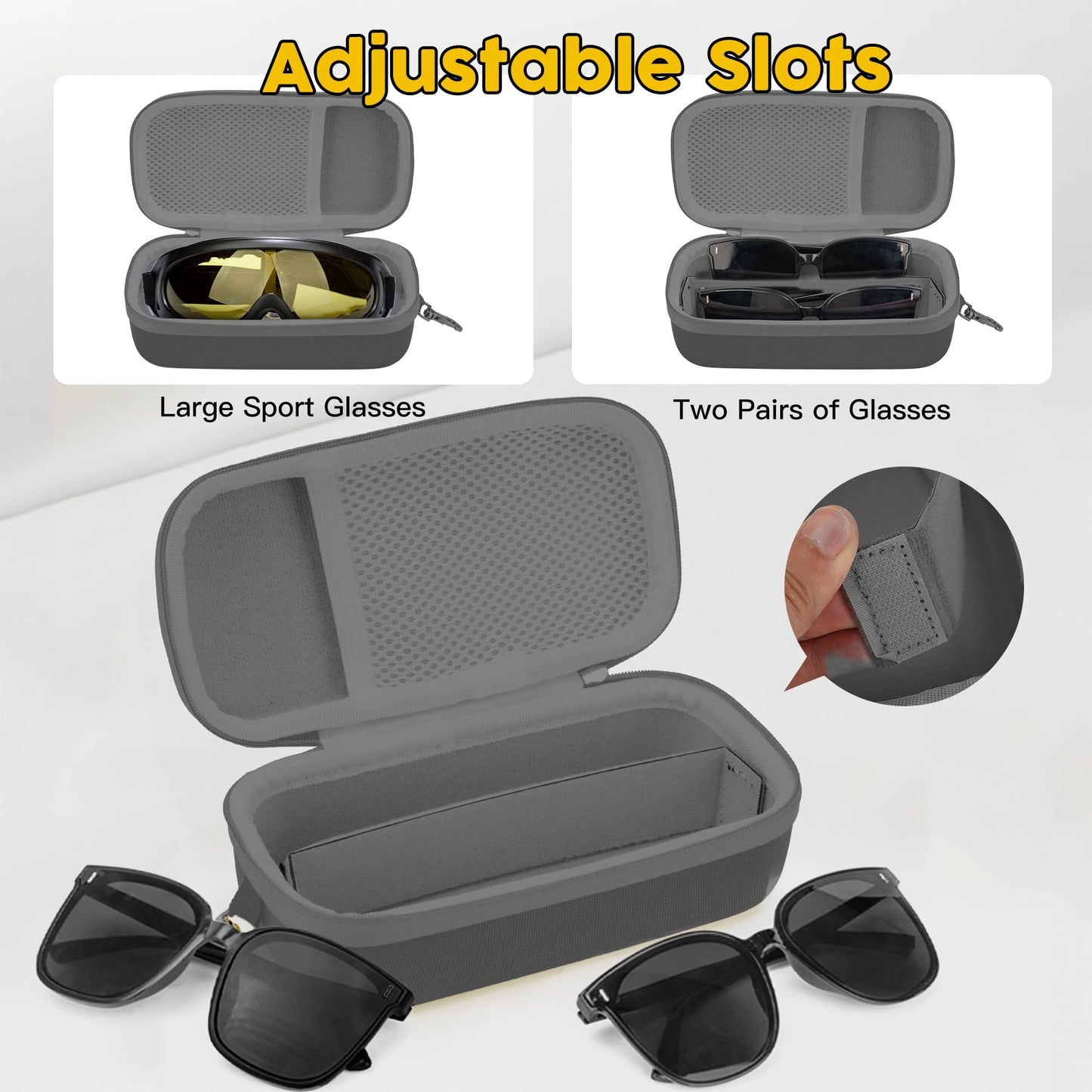 bipkonu Double Eyeglasses Case,Hard Shell Glasses Case Travel Sunglasses Organizer with Adjustable Slot & Clip for Men Women, Grey