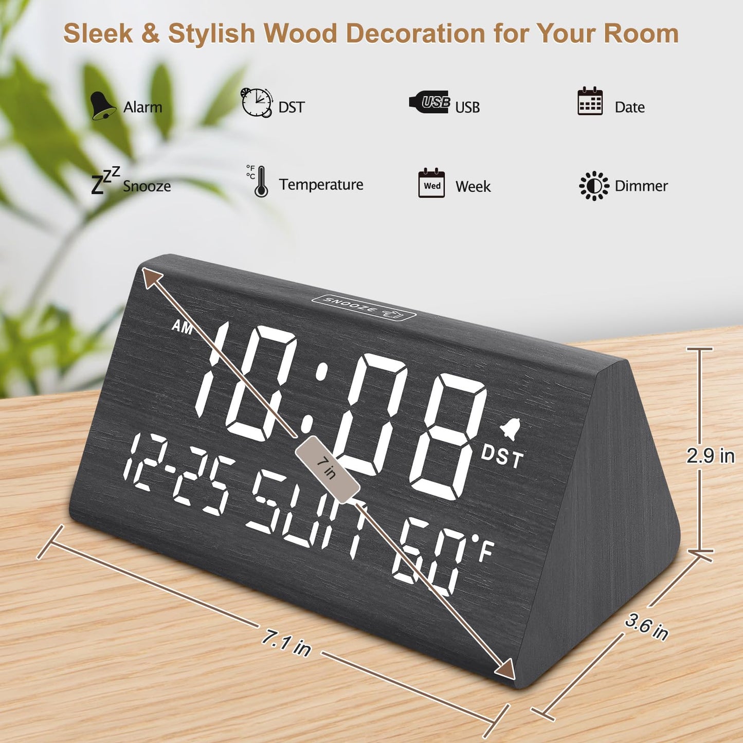 DreamSky Digital Alarm Clocks for Bedrooms - Wooden Desk Clock with Date, Day of Week, USB Port, Temperature, Dimmer for Bedside Table, Living Room, Office, Adjustable Volume, Auto DST, Wood Decor