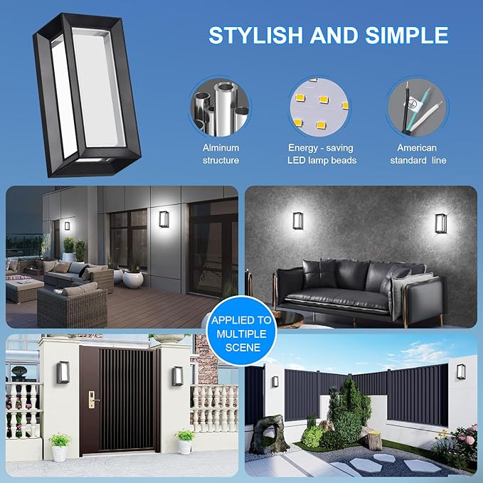 ledmo Outdoor Wall Lights 1800Lm Modern Outdoor Porch Light 6000K Bright Lighting Black Exterior Lighting Fixture Waterproof Christmas Fixture for House,Patio,Garage,Backyard，Hallway (2 Pack)