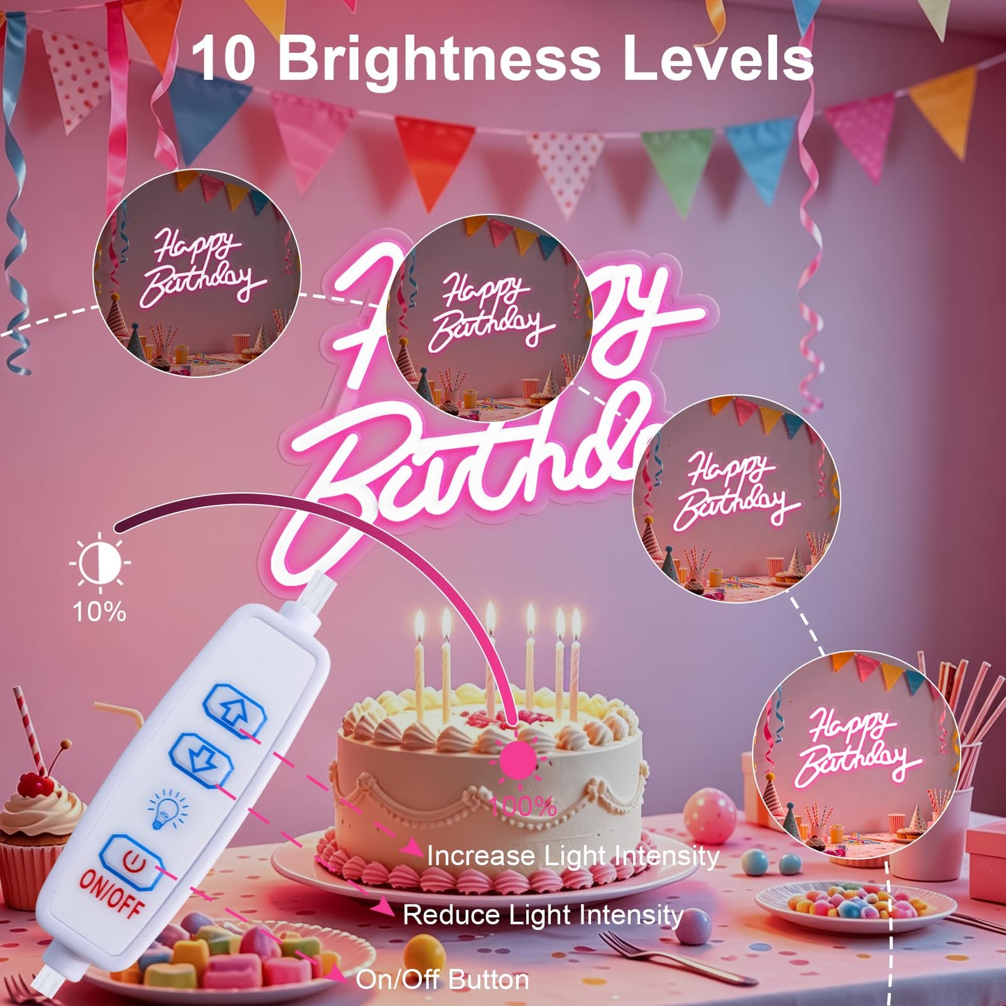 Miootly Happy Birthday Neon Sign for Wall Party Decor, LED Happy Birthday Light up Sign for Backdrop, 16"x 11" USB Powered 10 Brightness Settings Light up Signs Party Decorations Backdrop, Pink