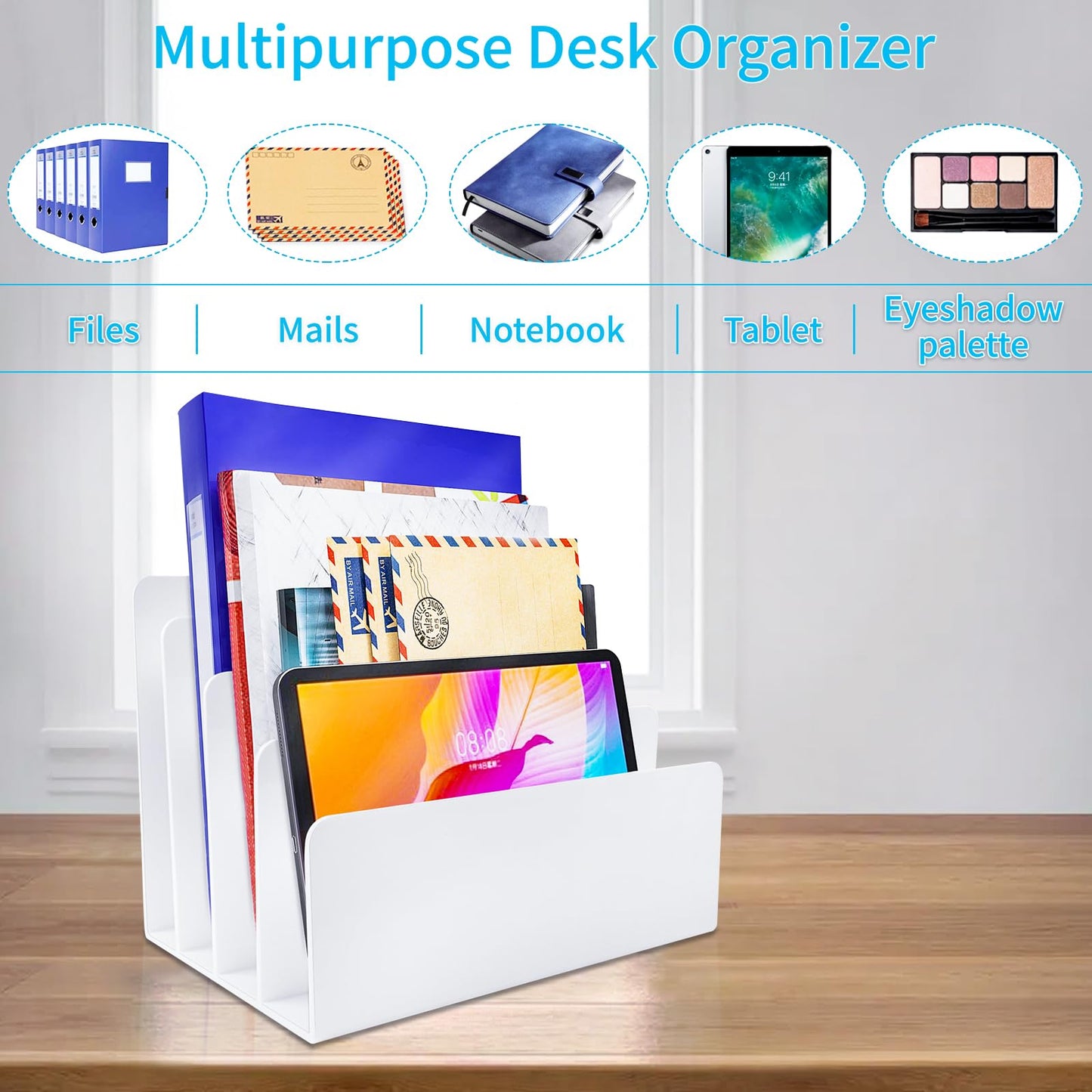 Carooyac White Acrylic File Organizer - 4 Sections Desk Holder Sorter for Office Supplies, Electronics, Notebooks and Mail