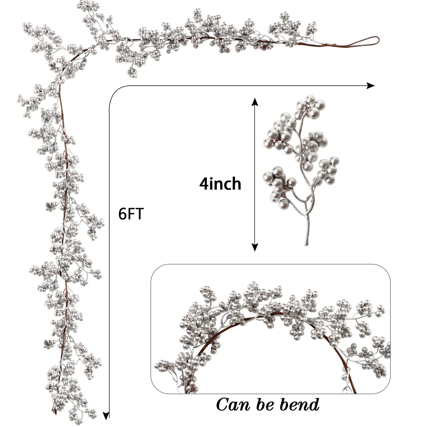 Syhood Christmas Berry String Garland with Lights Thanksgiving Artificial Lighted Garland for Xmas Winter Tree Decor Home Office Fireplace Mantel Decoration Holiday Valentines, 6 ft(Silver,1 Pc)