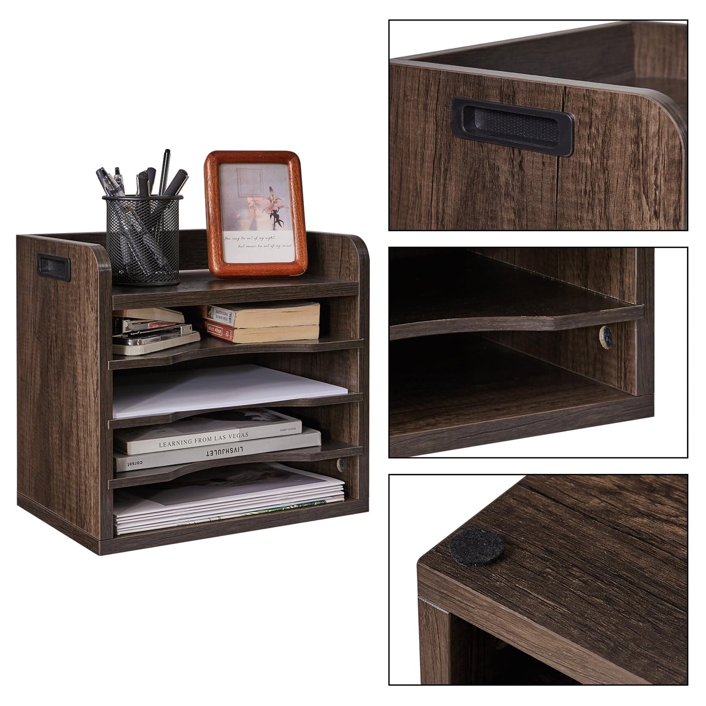 YMYNY Desktop File Organizer with Handle, Document Letter Mail Tray Sorter with 3 Adjustable Shelves, 5 Tiers Paper Holder for Home Office Desk, Black Gray,13.4 * 12.4 * 9.06" UHBC006G