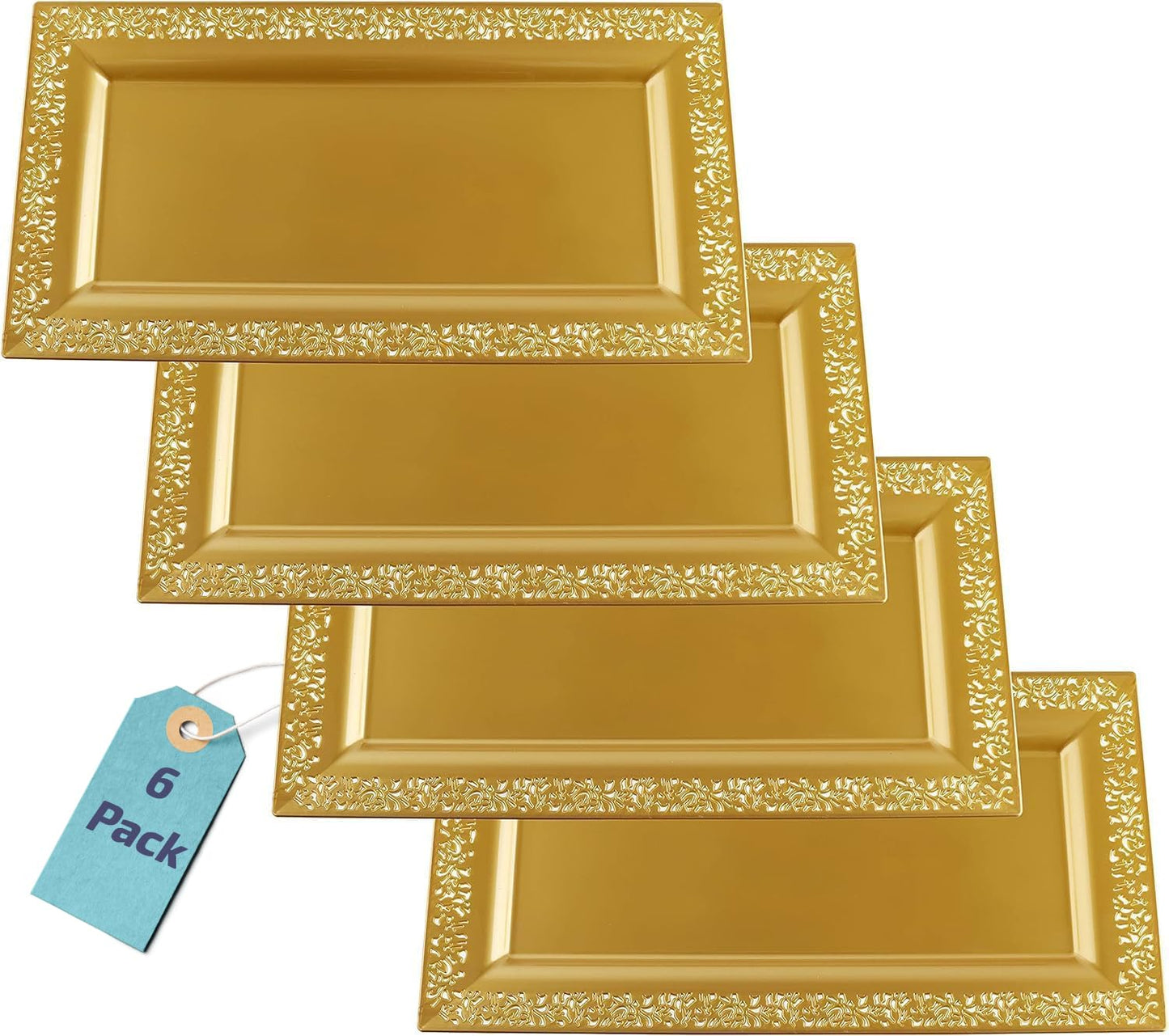 Yumchikel-Decorative Plastic Serving Tray & Platter Set (6 pk)-Gold & lace Rim Serving Trays & Platters for Food - Weddings, Upscale Parties, Dessert Table, Cupcake Display - 14"x7.5" inches