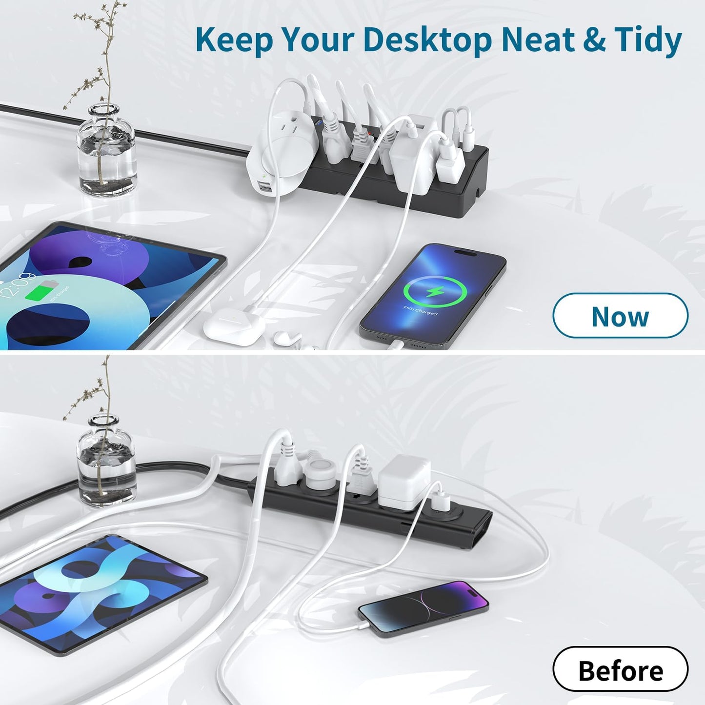 Desk Clamp Power Strip with 40W Fast Charging Station, JXGUCAT 10FT Flat Plug Desk Mount Power Strip Surge Protector, Removable Extension Cord with 2 USB-C Ports 6 Outlets, Fits 1.8" Tabletop Edge