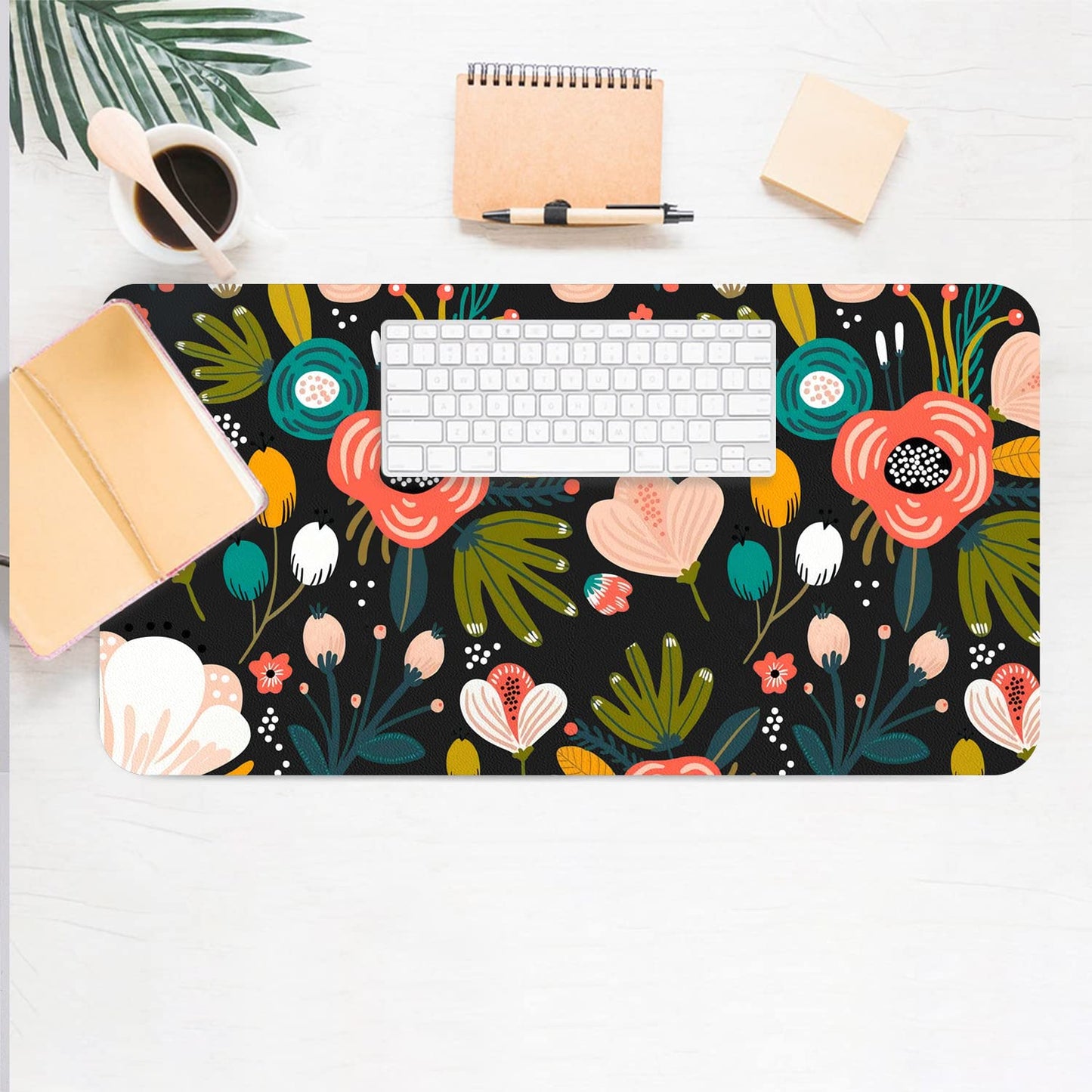 Desk Mat Large Protector Pad 31.5" ×15.7", Non-Slip PU Leather Desk Blotter, Waterproof Mouse Pad for Office Home Black Floral