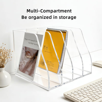 AIDIMOO Acrylic Magazine File Holder, 4 Vertical Compartments Desk Document Sorter Organizer, Clear Folder Rack Binder for Office, Documents, Tablets, Magazines, Books – Home/Classroom Rack