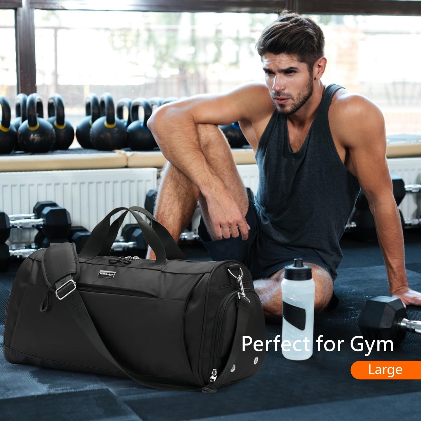TOPDesign Gym Bag for Women & Men, Unisex Duffel Bag with Shoe Compartment & Wet Pocket for Travel Sports Gym (M Black)