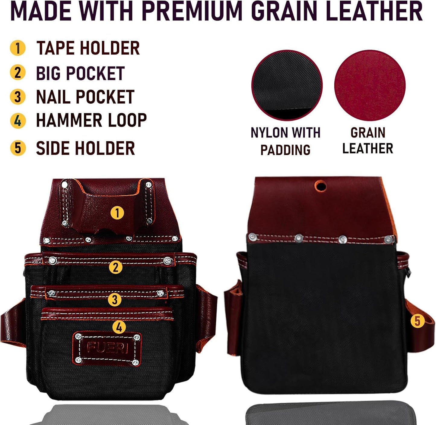 FUERI Electrician's Heavy Duty 26 Pocket Leather-Nylon Tool Belt & Suspender Combo, Comfort Back Support Padded Belt, 2 Large Storage Capacity Pouches, Best for Framers, Carpenter, Roofing