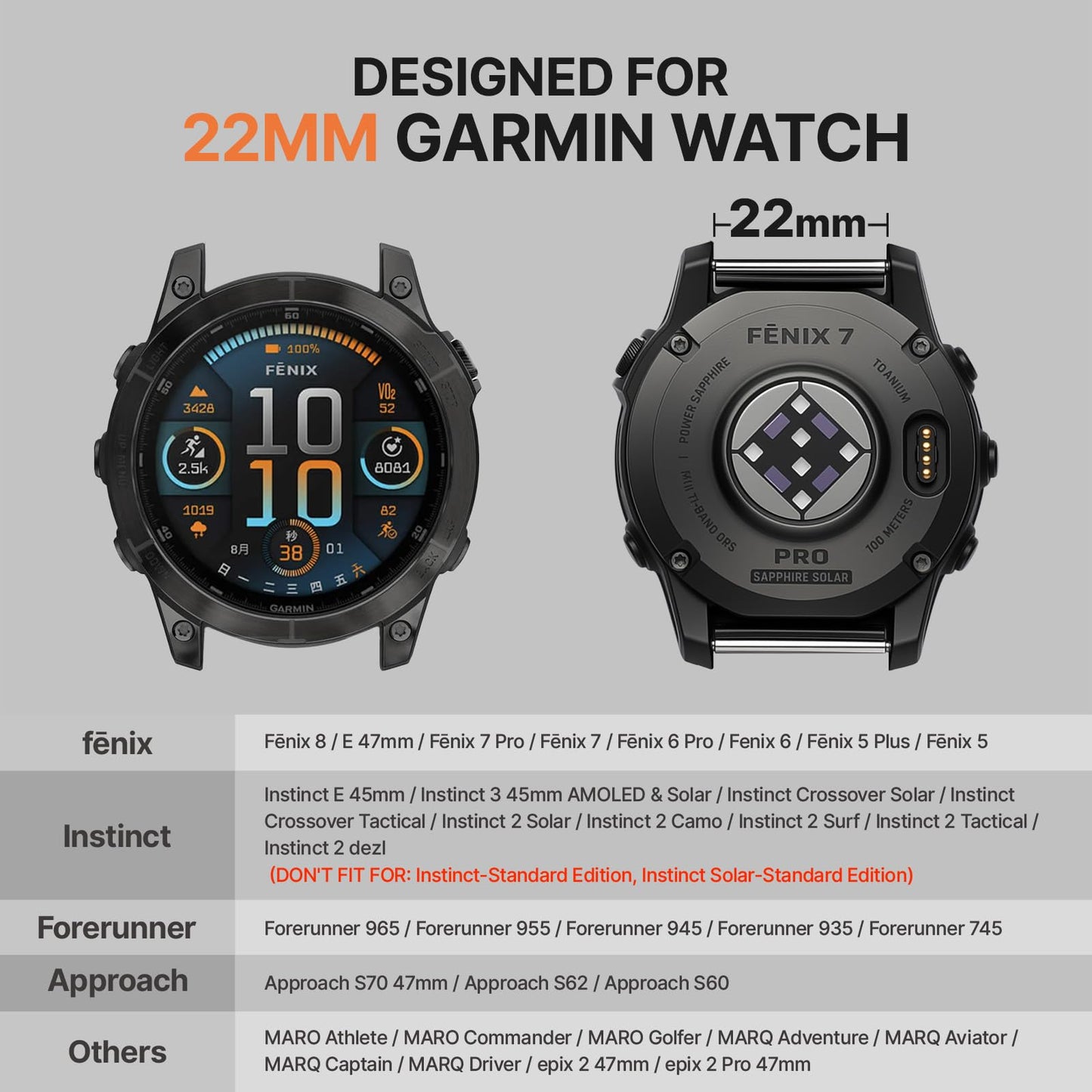 Bandletic 22mm Quick Fit Bands Strong Magnet Compatible with Garmin Fenix 8 45mm/Fenix 7/7 Pro/6/6 Pro/5/5 Plus/Instinct 2/Forerunner 965/955/945/Approach S70 47mm/S62/S60/Epix 2 Pro 47mm/Quatix7/6/5