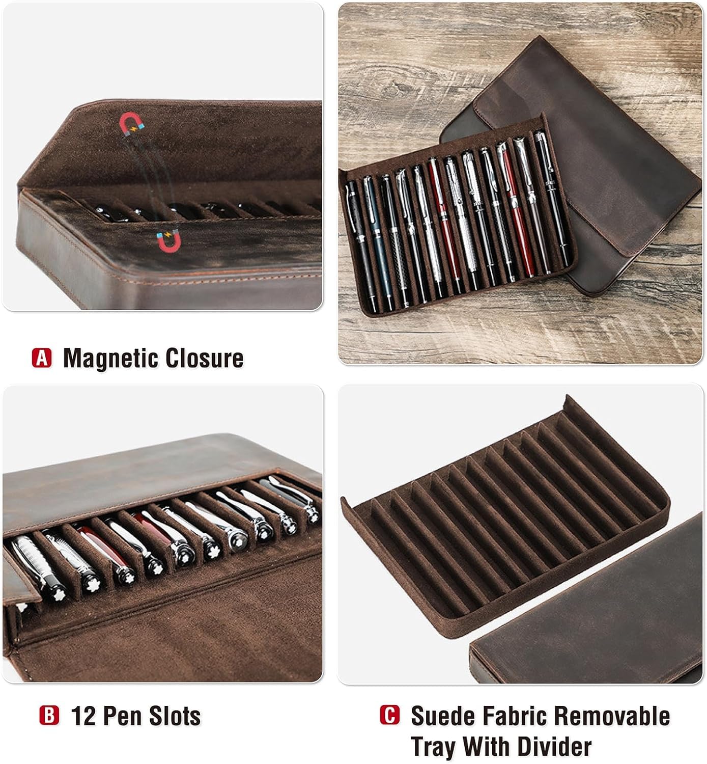 UPRESYE Leather Fountain Pen Case Collector Organizer, Pencil Case Handmade Pen Protective Sleeve (Magnetic 12 slots)