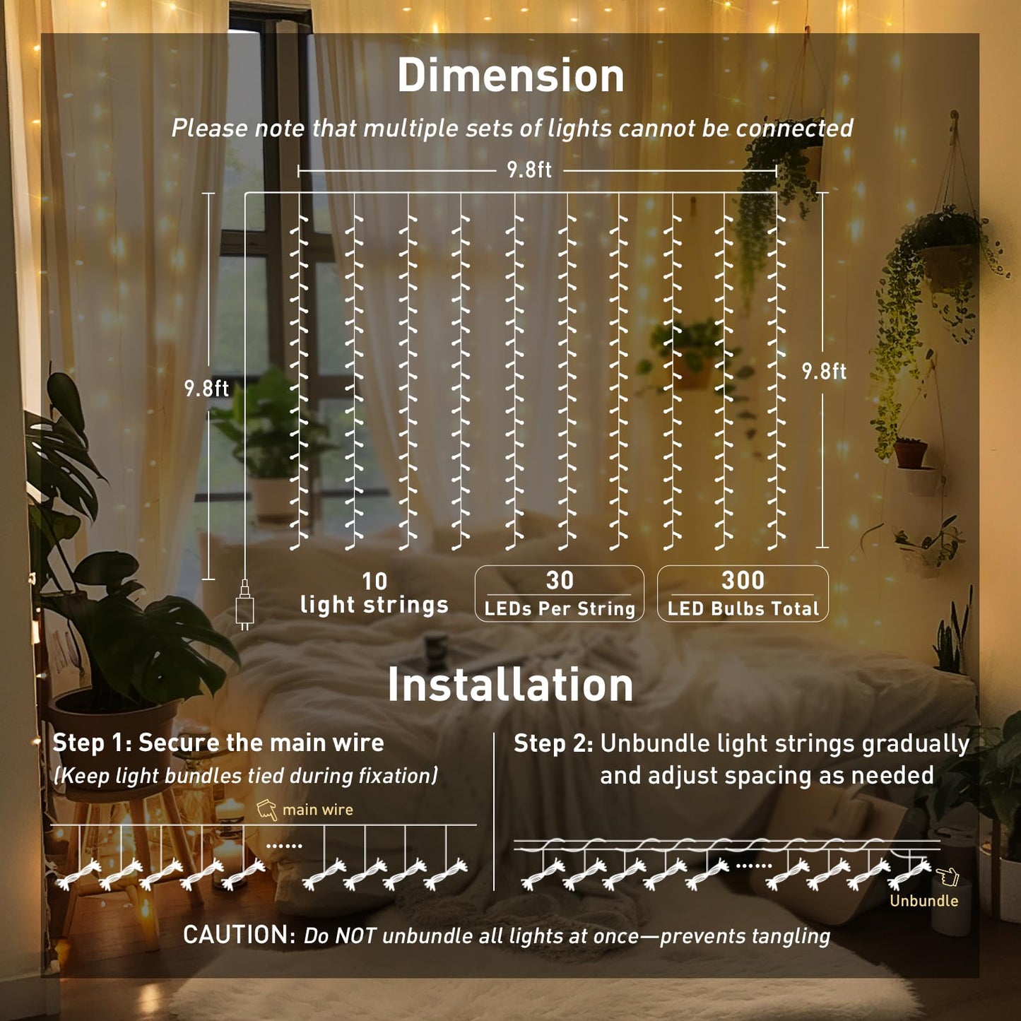 JMEXSUSS 300 LED Remote Control Curtain Lights, Plug in Fairy Curtain Lights Outdoor, Window Wall Hanging String Lights for Bedroom Indoor Dorm Backdrop Wedding Party Patio Christmas Decor, Warm White