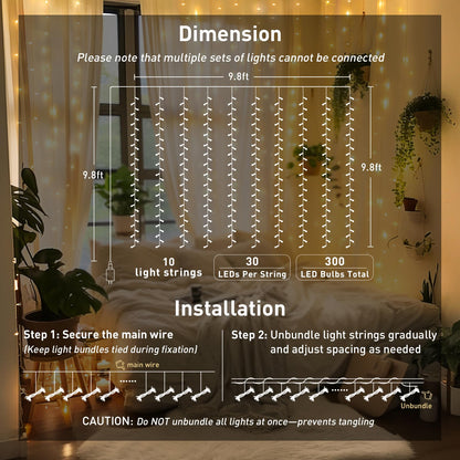 JMEXSUSS 300 LED Remote Control Curtain Lights, Plug in Fairy Curtain Lights Outdoor, Window Wall Hanging String Lights for Bedroom Indoor Dorm Backdrop Wedding Party Patio Christmas Decor, Warm White