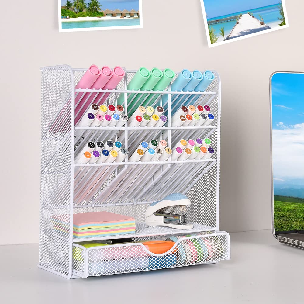 Spacrea Pen Holder Desk Organizer - Desk Organizers and Accessories, Pencil Holder with 10 Compartments and 1 Drawer（White）