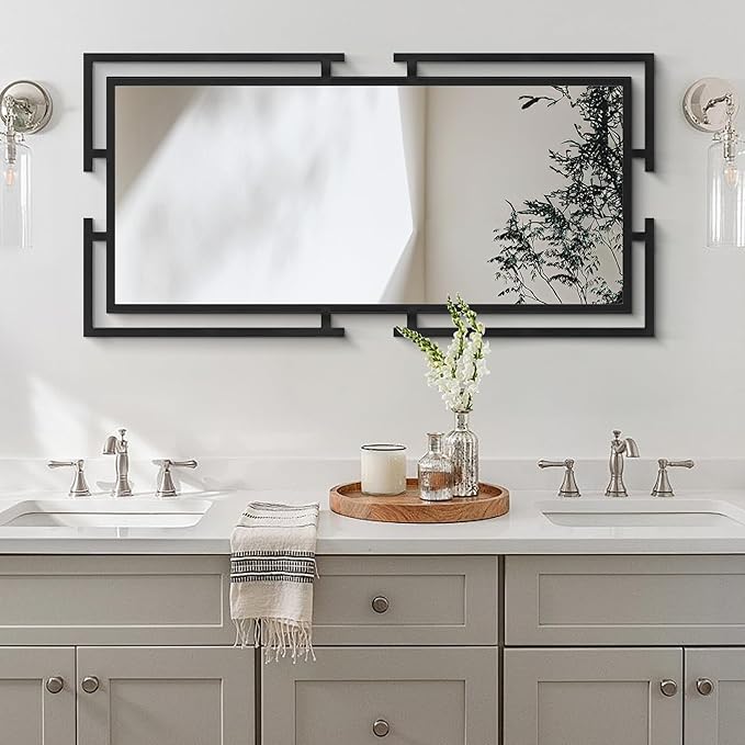 Large Mirror Wall Decor, 46.5"x23" Black Mirror with Metal Frame for Bedroom, Living Room, Tempered Mirrors for Bathroom, Horizontal/Vertical