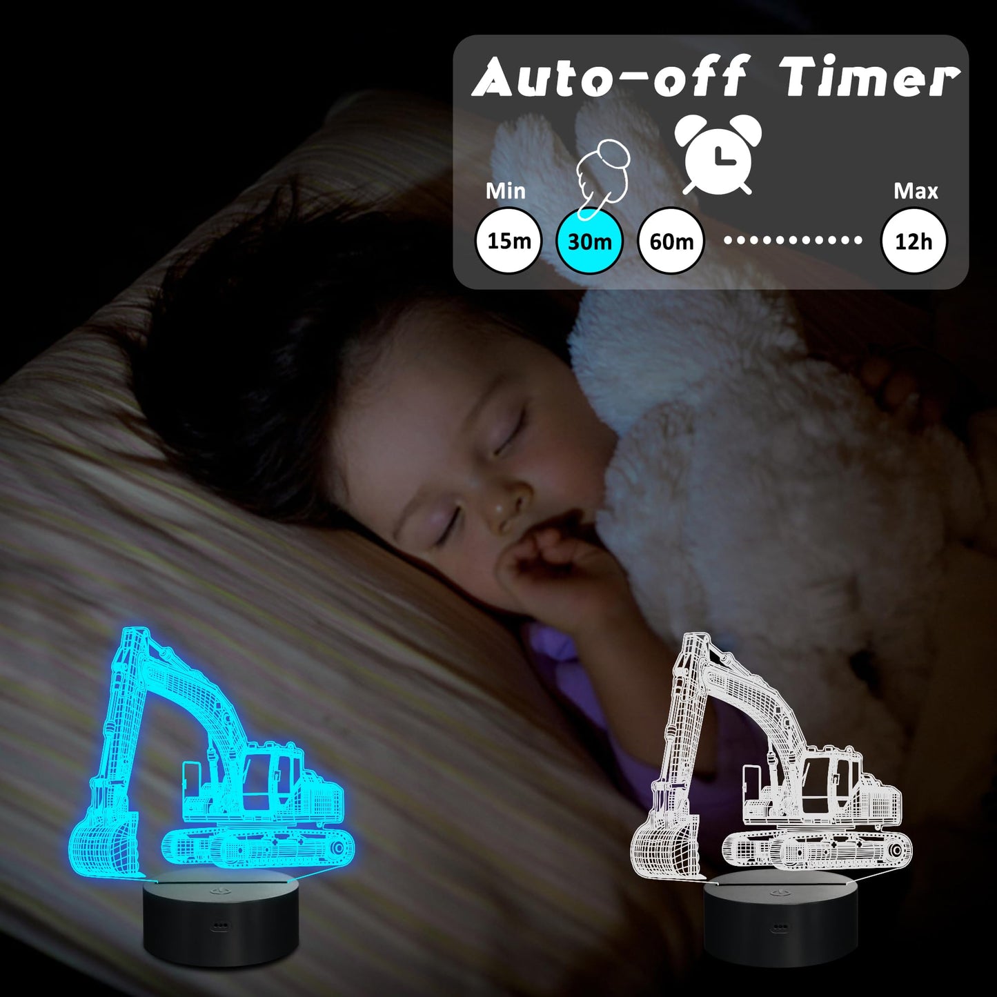CoolGift Mart Excavator 3D Night Light, 3D LED Optical Illusion Lamp with Remote Control and Timer, Perfect Christmas and Birthday Gift Idea for Boys, Kids, and Teens